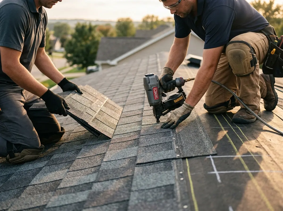 Professional roofer working on a residential roof in North Branch